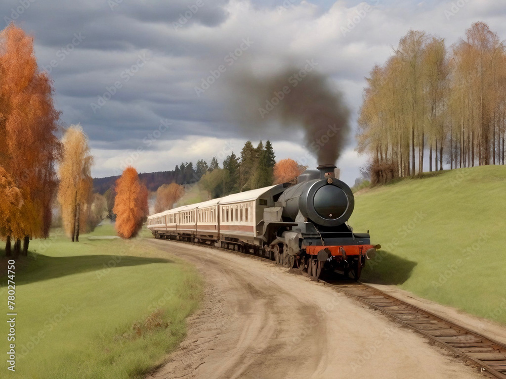 Obraz premium Old locomotive steam train running on the single-track railway