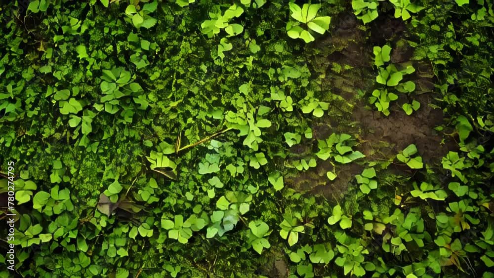 Brick wall is completely covered with bright green ivy leaves. The leaves are glossy and vibrant. Between the leaves, the old brick wall peeks through. Brick wall is completely covered with bright green ivy leaves. The leaves are glossy and vibrant. Between the leaves, the old brick wall peeks through.