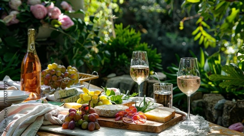 An intimate picnic scene in a lush garden, with a casual spread of cheese, wine, and fruits.