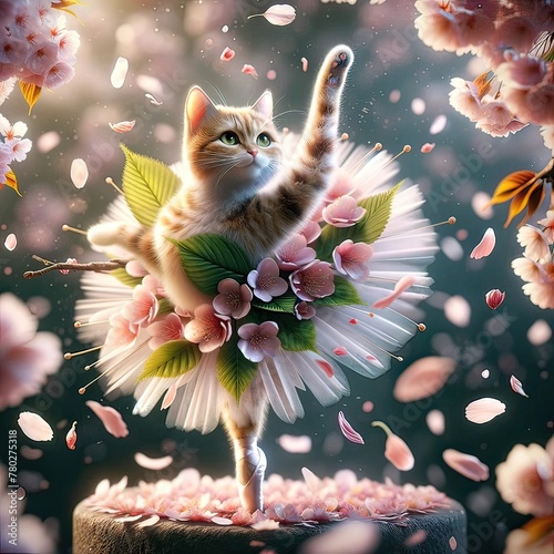 A kitty ballerina is dancing on a Cherry blossoms. She wears a tutu made of Cherry blossoms petals, leaves, and stems. Her acrobatic jump creates a spiral