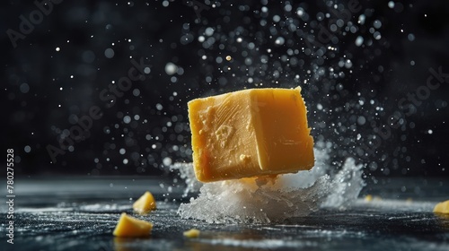 commercial shot photography of flying butter cube