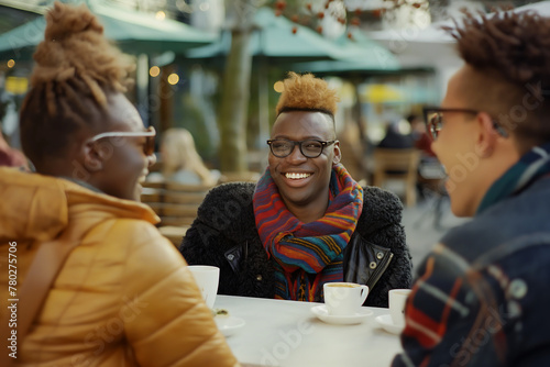 Multiracial group of happy smiling friends enjoy a cheerful coffee break  laughing during a lively lunch meeting. Different races and skin colors diversity. Vintage retro style