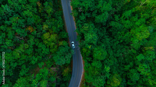 Aerial view of dark green forest road and white electric car Natural landscape and elevated roads Adventure travel and transportation and environmental protection concept 
