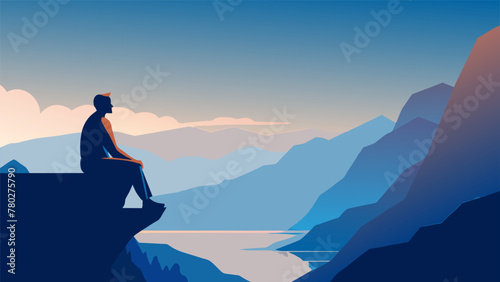 A figure sits perched on the edge of a rocky cliff their legs crossed and hands resting on their knees. The background is shrouded in mist