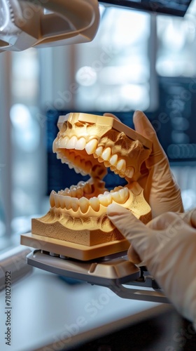 A dentist is holding a model of a tooth in his gloved hand