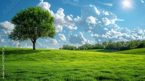 Green field. tree and blue sky.Great as a background