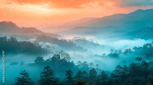Mountains under mist in the morning Amazing nature scenery form Kerala God's own Country Tourism and travel concept image. Fresh and relax type nature image photo