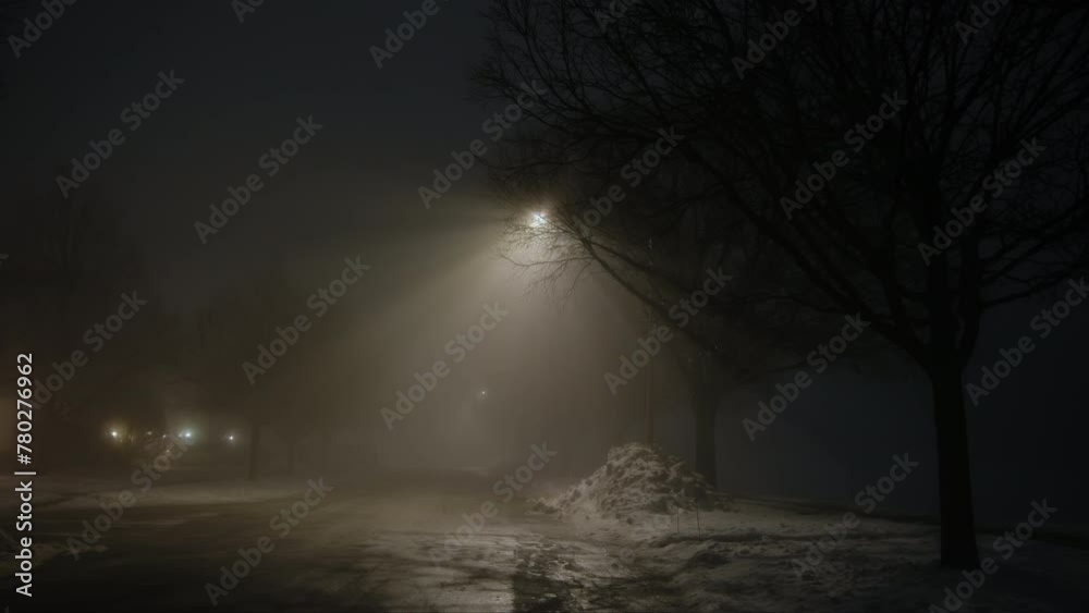 Dark street whit street light at night with heavy fog. Wide shot Dark street whit street light at night with heavy fog. Wide shot