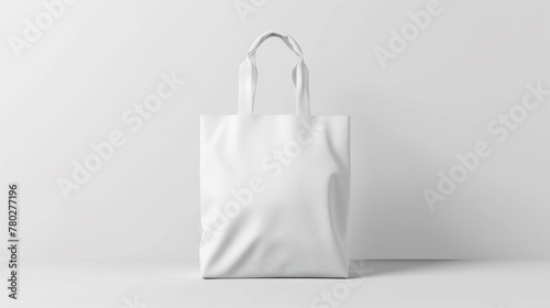 Plain white eco-friendly tote bag mockup on a neutral background for sustainable fashion concept.