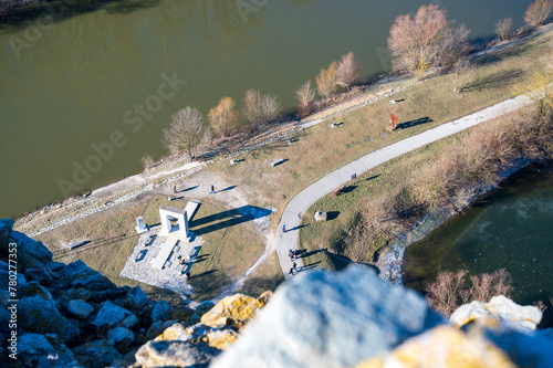 Canvas Print View from mountain of monument to the Gate of Freedom in the city of Bratislava at confluence of Danube and Morava rivers