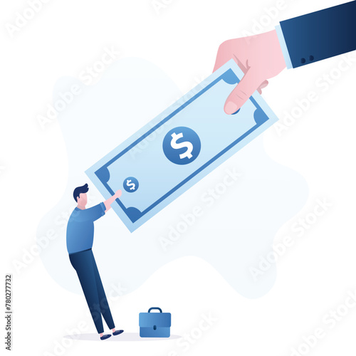 Banker's giant hand takes money from a businessman. Taxes, loan payments, debt payments. Debtor does not want to give his money, bankruptcy, poverty. Financial crisis.