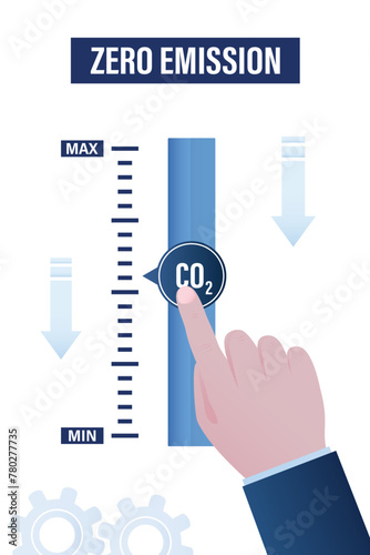 Politician or businessman hand uses slider on control panel, hand reduces carbon emissions. Zero emission. Ecological problems are piling up.