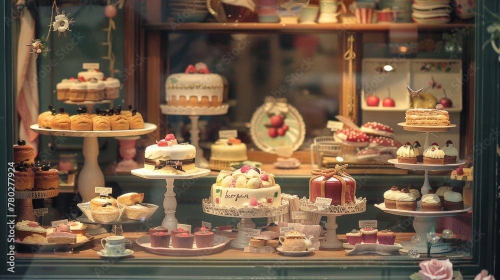 A whimsical setup of pastries and cakes in a quaint bakery window, invoking the charm of small-town bakeries.
