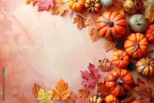 Assorted pumpkins and autumn leaves on a textured background. Flat lay composition with copy space. Autumn harvest and Thanksgiving concept. Design for greeting card  invitation  poster