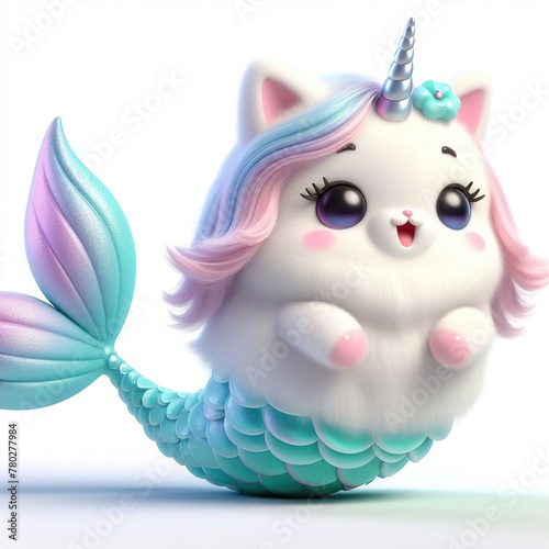  Fluffy 3D image of mermaid caticorn, very cute, smiling and wawing her paw, white background photo