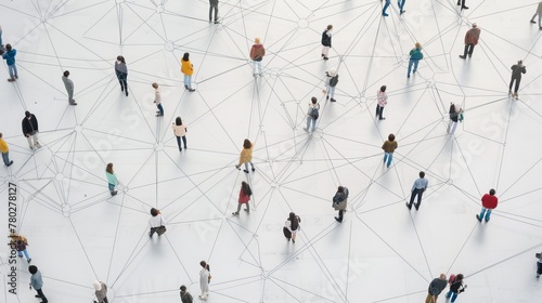 network of interconnected individuals standing on a white surface. social network concept