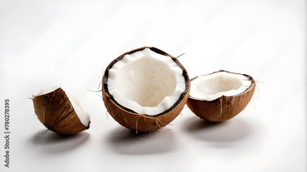 top view of a shaved coconut set against a crisp white background with lots of room for text or product inside,