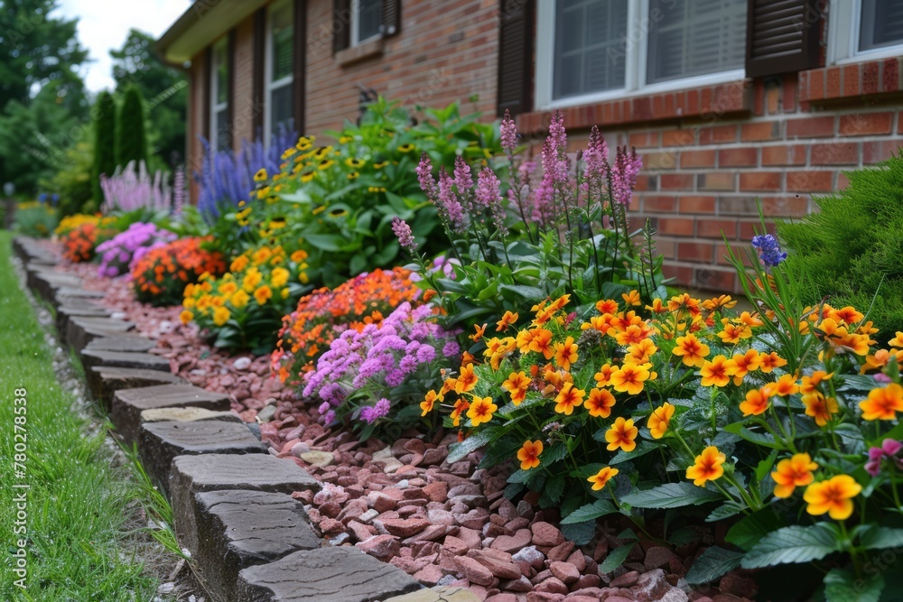 Landscape design with flower beds in home garden, beautiful landscaping Landscape design with flower beds in home garden, beautiful landscaping