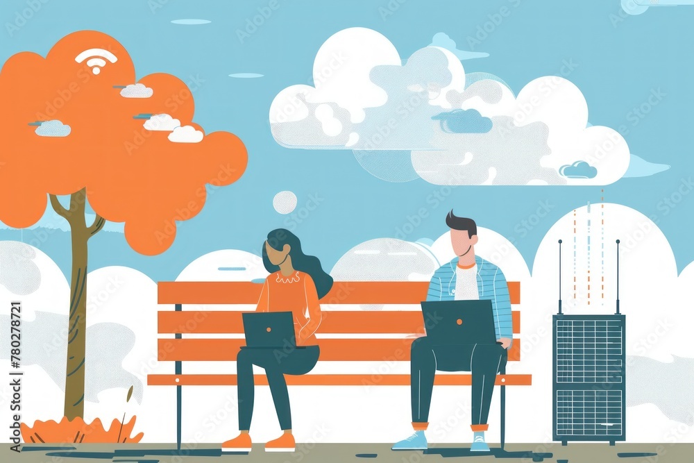 Naklejka premium couple sitting on a wooden bench with laptops and cloud computing tower in front of them
