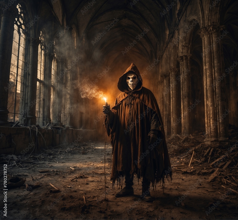 Man in death costume with a burning candle in the dark abandoned church
