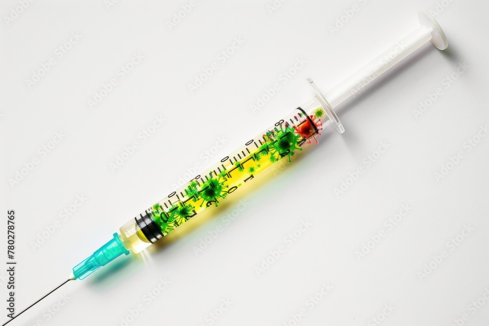 Fototapeta premium syringe filled with green and yellow viruses inside