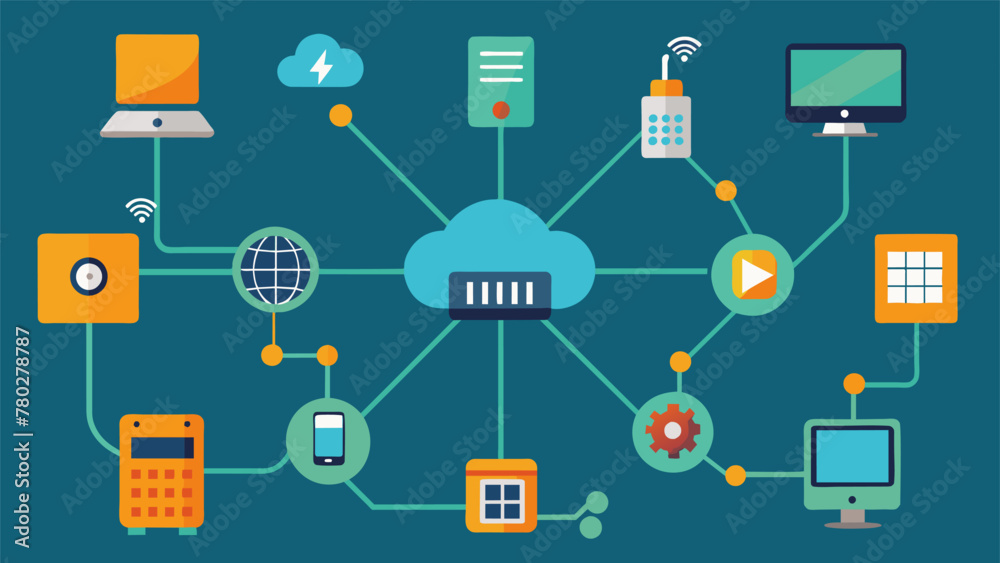 A network of wires and cables connecting various machines and systems represents the interconnectedness of digital technologies and their