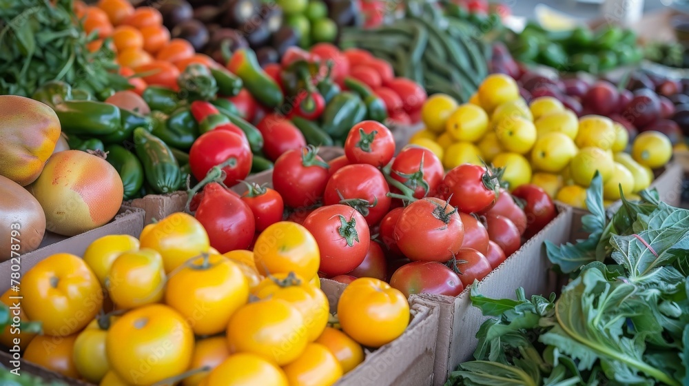 A vibrant display of exotic fruits and vegetables at a local farmer's market, celebrating agricultural diversity.