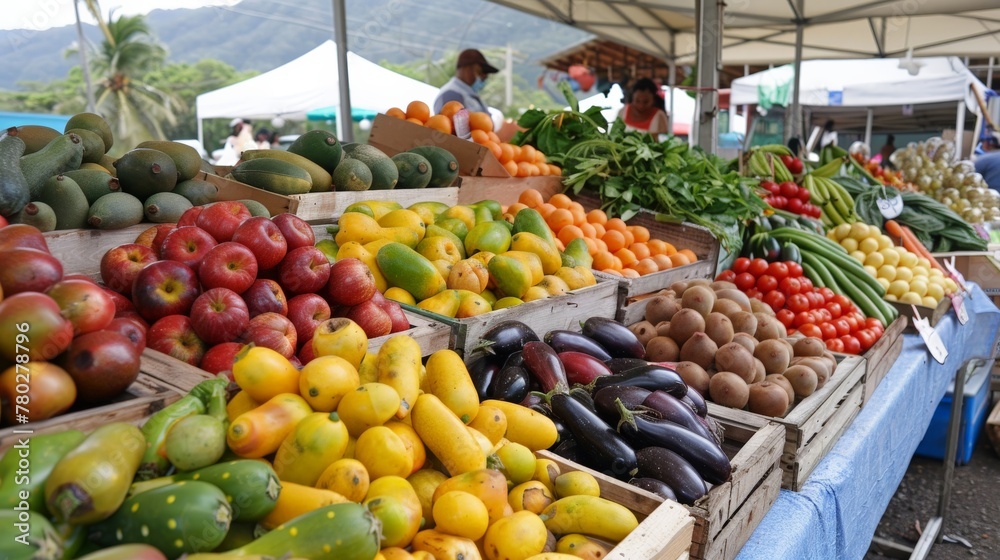 A vibrant display of exotic fruits and vegetables at a local farmer's market, celebrating agricultural diversity.