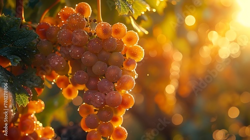 A photorealistic image capturing the sun-kissed grapevines of a lush vineyard at sunrise, with dew-covered leaves and clusters of ripe grapes ready for harvest.
