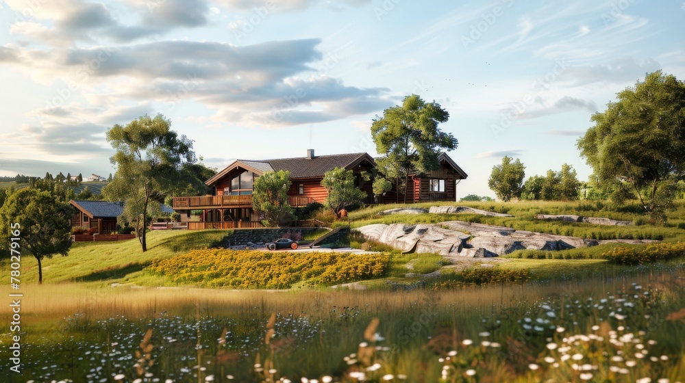 Obraz premium Log cabin surrounded by lush greenery. An idyllic log cabin nestled amongst vibrant green landscape with a classic blue car parked outside