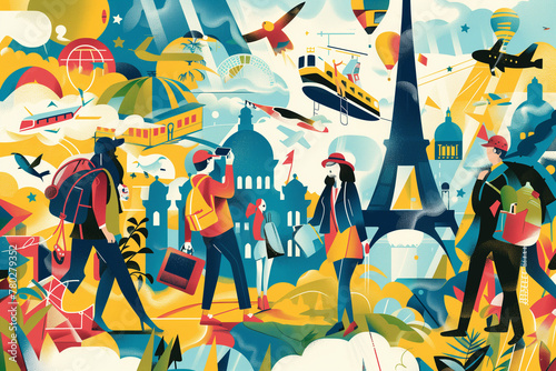 Abstract illustration of people traveling and having fun in Europe. AI Generative photo
