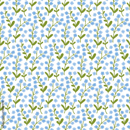Forget-me-not flowers. Spring floral seamless pattern. Stylized blue flowers background. Printing on fabric, packaging, wallpaper, tableware, home textiles.