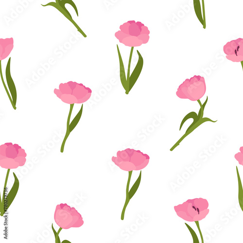 Seamless pattern with pink tulip on a white background. Hand drawn floral ornament. Spring flowers are naively stylized. photo