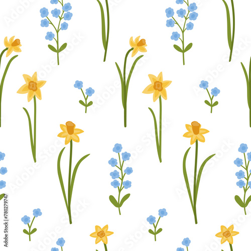 Seamless pattern of bright spring flowers on a white background. Vector illustration with floral ornament. Stylized print for fabric, packaging, wallpaper, home textiles.
