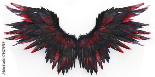 A pair of wings in black color with red blood stains on it, isolated on white background in png style.