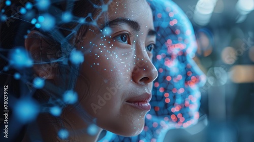 Woman with illuminated digital overlay on face. A young woman's face is overlaid with a digital mesh, symbolizing connectivity and the intersection of technology and humanity