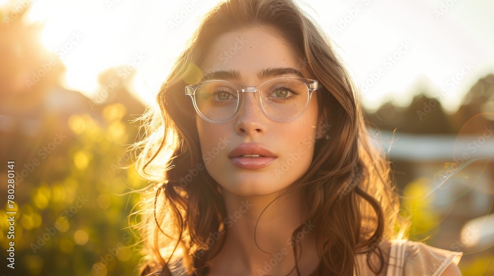 Woman with glasses in golden hour sunlight. A young woman wearing glasses is bathed in the warm glow of golden hour sunlight, her serene expression reflecting a sense of calm and beauty