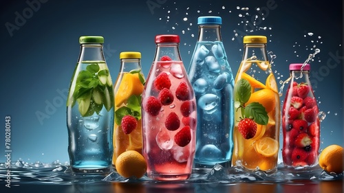 Large drops of condensation covered numerous bottles of chilled fruit water, tea, or soda. a cool beverage. illustrations for brochures, covers, advertisements, marketing campaigns, and presentations. © UZAIR