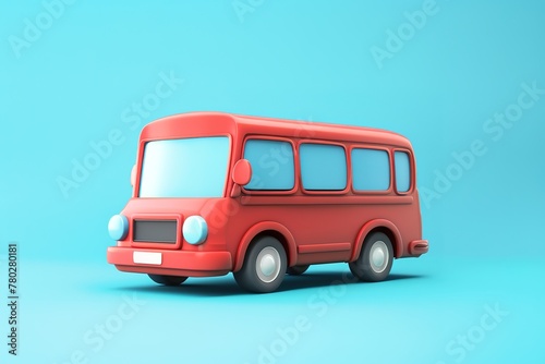 A stylized 3D model of a red bus on a blue background.