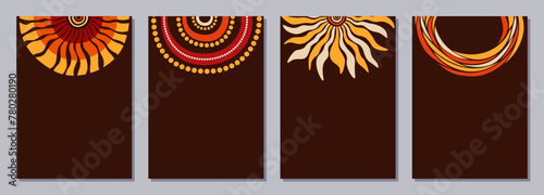 Set of flyers, posters, banners, placards, brochure design templates A6 size with stylized sun, tribal ornaments of orange, yellow, brown, beige colors. Card templates. Australian, Aboriginal art.