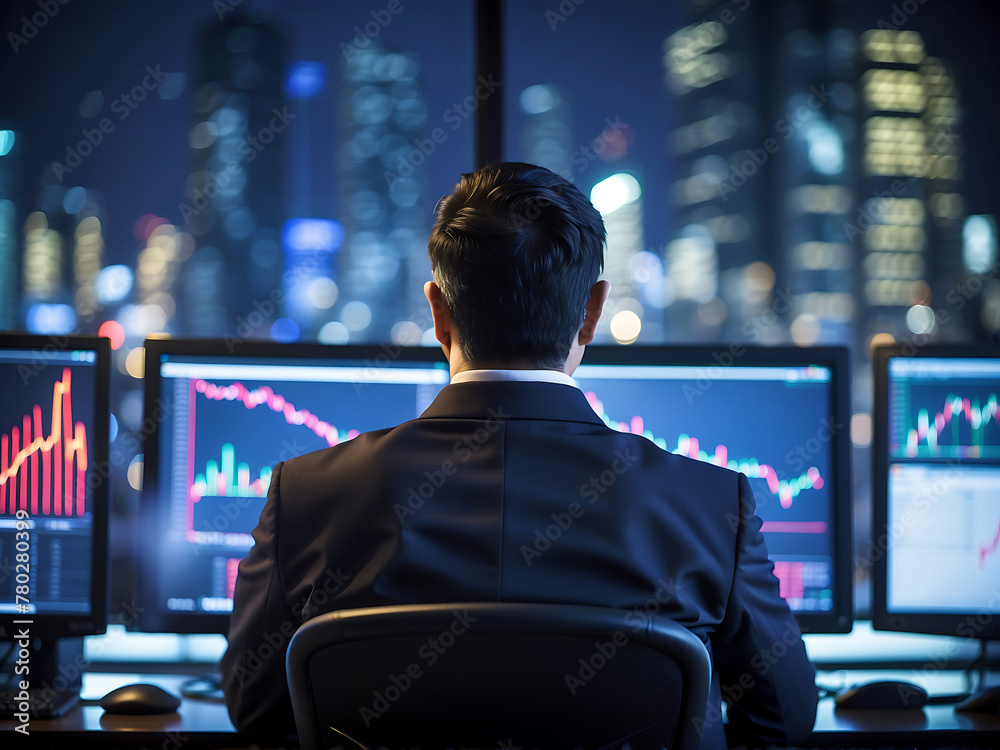 man in front of monitors with stock markets indicators man in front of monitors with stock markets indicators