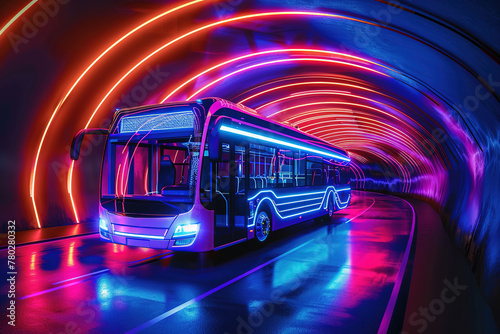 Futuristic bus driving through a neon-lit tunnel.
