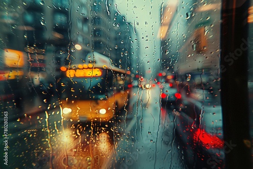 Rain-blurred view through a window with droplets, a bus in city traffic.