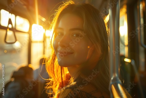 Woman enjoying a sunny ride on a city bus with warm light illuminating her face.