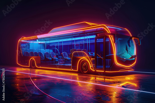 A neon-lit futuristic bus parked in the night, conceptually stylized.