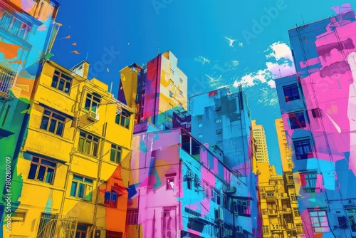 art work with colorful buildings against a blue sky