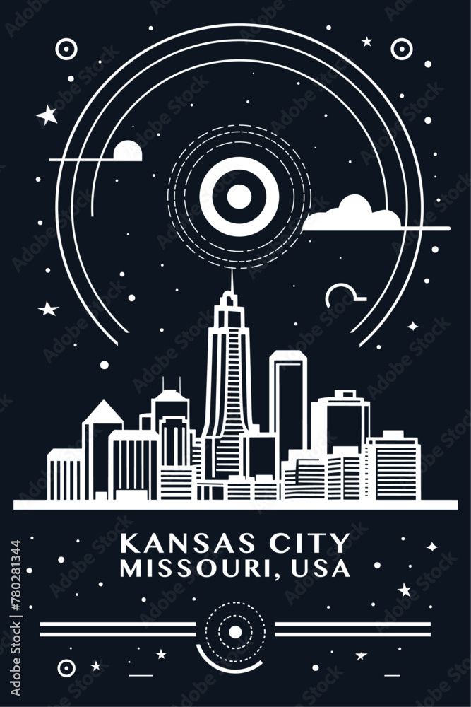 USA Kansas city vintage poster with abstract cityscape and skyline. Retro vector black and white illustration for Missouri state town, United States of America