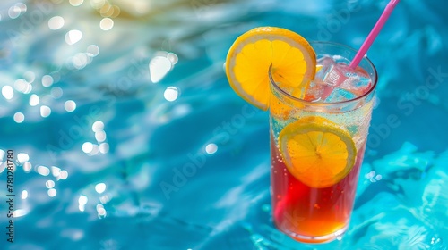 A refreshing summer drink by the pool, with a focus on relaxation and the vibrant colors of the beverage.