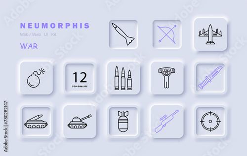 Weapon set icon. Tank, man, banner, no war, artillery, plane, bomber, military equipment, bow, rifle, knife, rocket. Third world countries and military operations in them concept. Vector line icon.