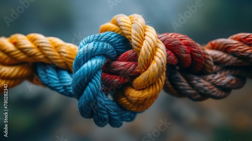 Team rope diverse strength connect partnership together teamwork unity communicate support. Strong diverse network rope team concept integrate braid color background cooperation empower power